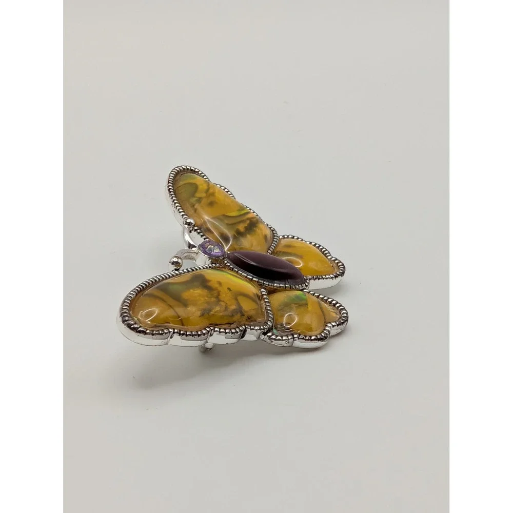 Butterfly Brooch Gold Tone Iridescent Enamel Purple Cabochon Rhinestone Accent